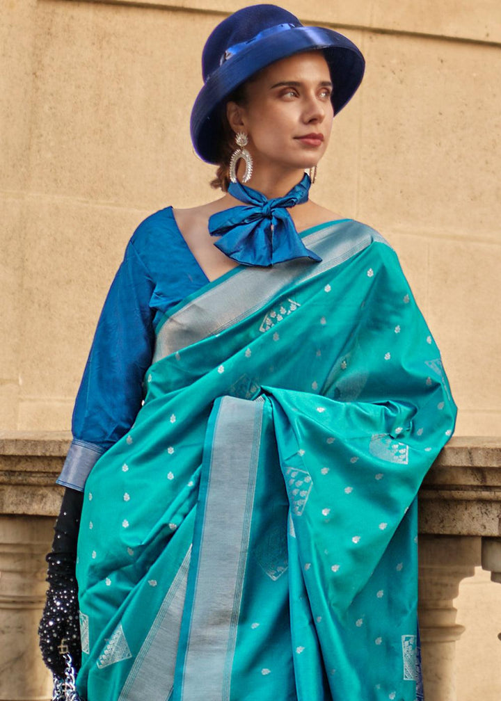 Cerulean Blue Handloom Woven Soft Silk Saree - qivii