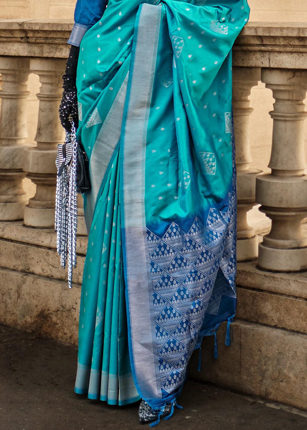 Cerulean Blue Handloom Woven Soft Silk Saree - qivii