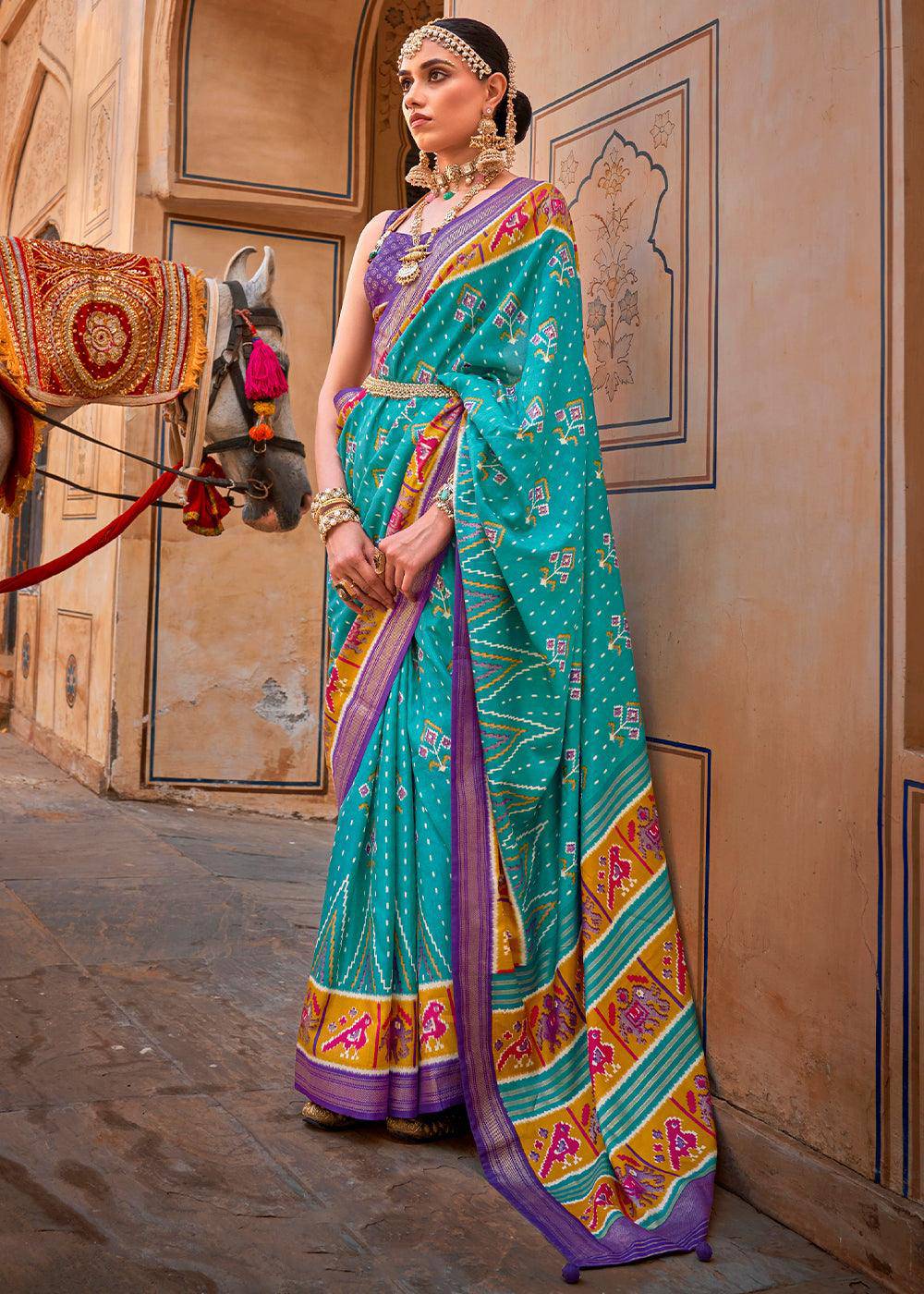 Cerulean Blue Patola Printed Designer Silk Saree | Stitched Blouse - qivii