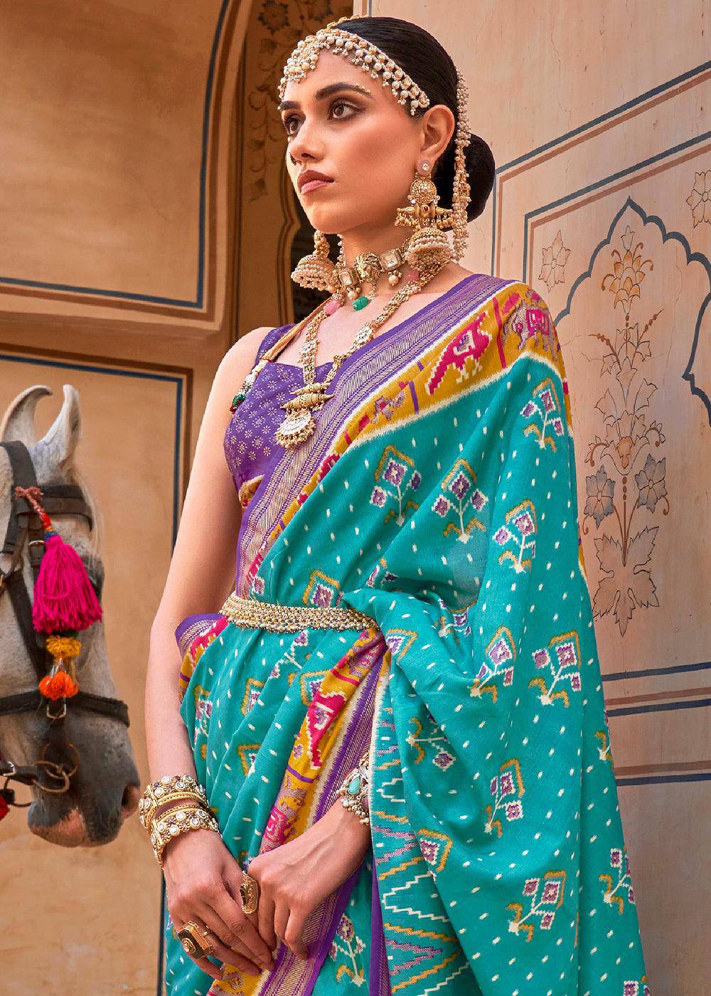 Cerulean Blue Patola Printed Designer Silk Saree | Stitched Blouse - qivii