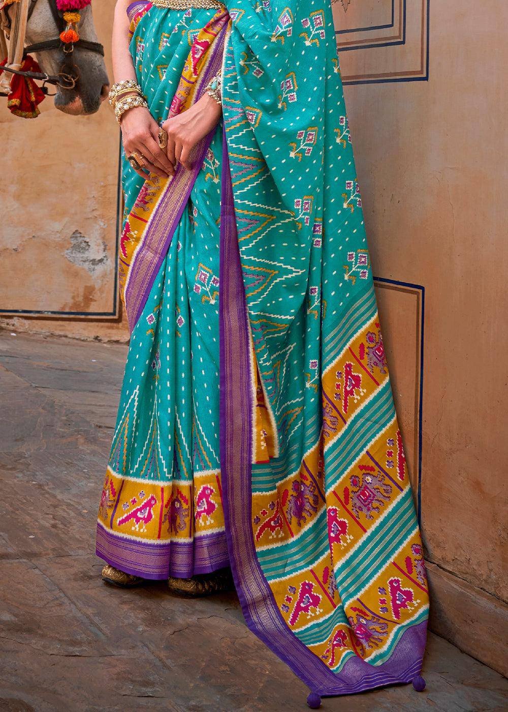 Cerulean Blue Patola Printed Designer Silk Saree | Stitched Blouse - qivii