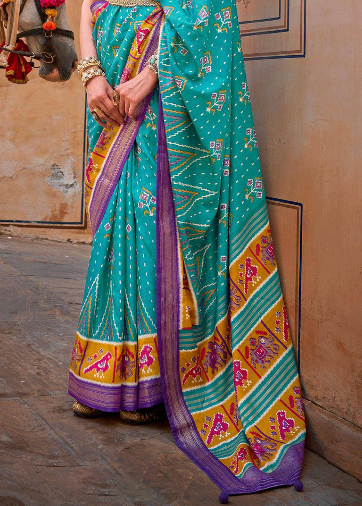 Cerulean Blue Patola Printed Designer Silk Saree | Stitched Blouse - qivii