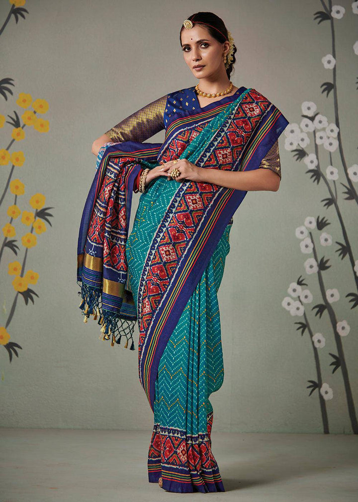 Cerulean Blue Patola Printed Tussar Silk Saree | Stitched Blouse - qivii