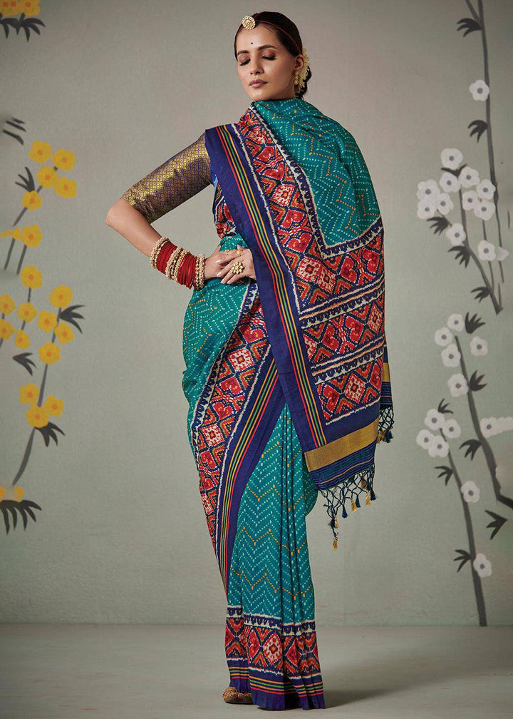 Cerulean Blue Patola Printed Tussar Silk Saree | Stitched Blouse - qivii