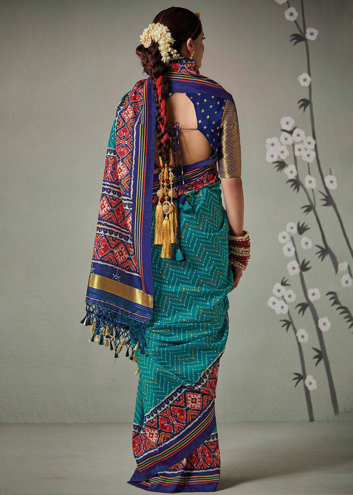 Cerulean Blue Patola Printed Tussar Silk Saree | Stitched Blouse - qivii