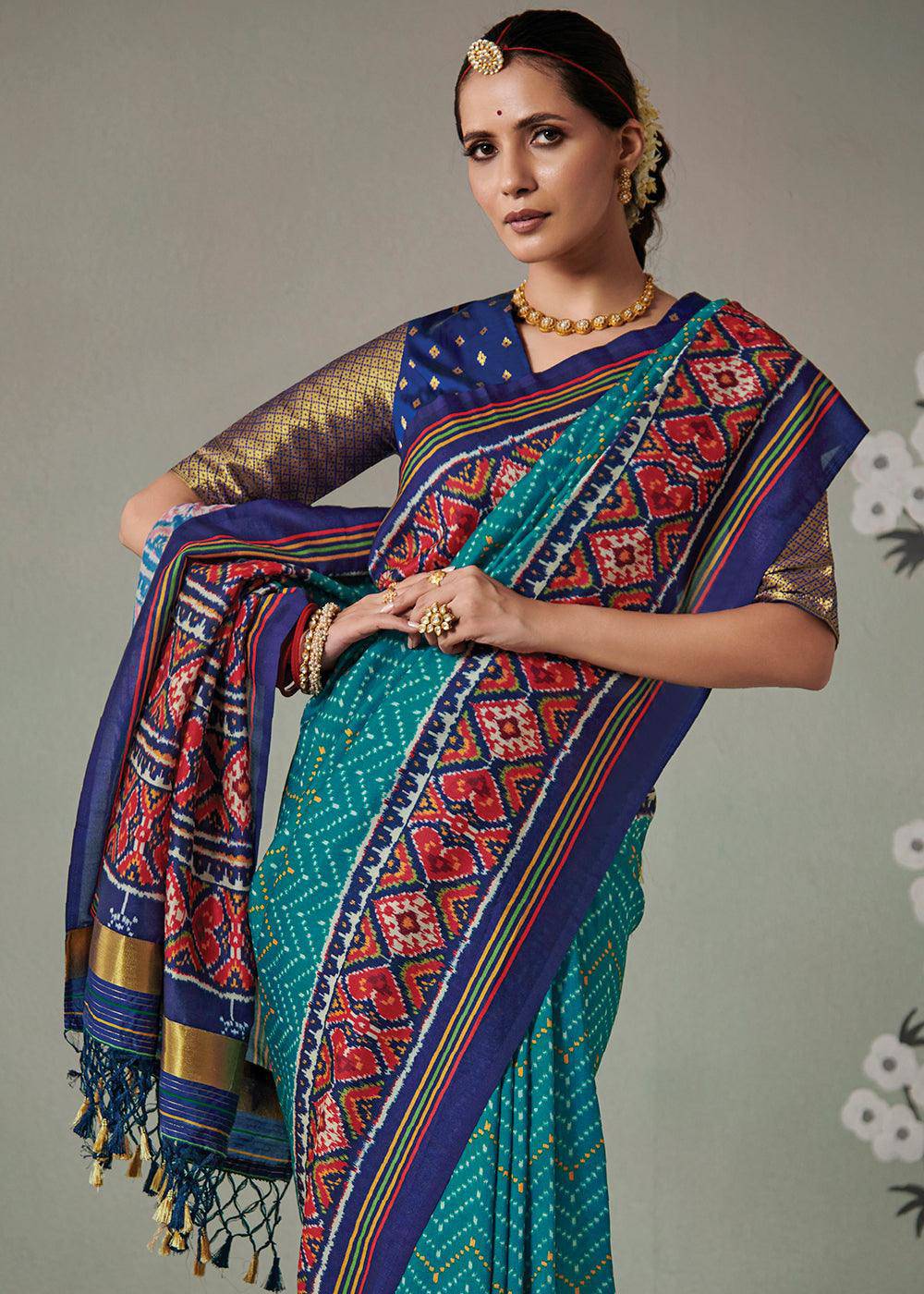 Cerulean Blue Patola Printed Tussar Silk Saree | Stitched Blouse - qivii