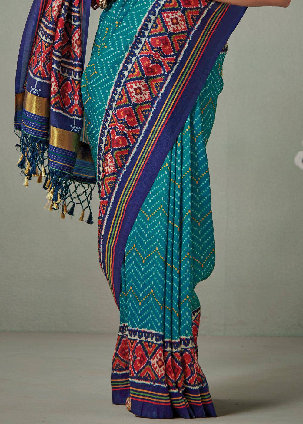 Cerulean Blue Patola Printed Tussar Silk Saree | Stitched Blouse - qivii