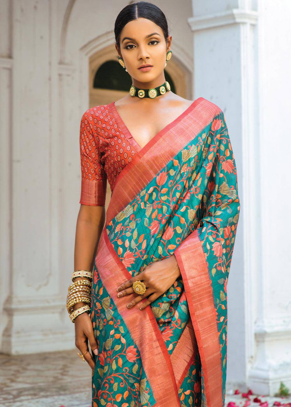 Cerulean Blue Printed Dola Silk Saree | Stitched Blouse - qivii