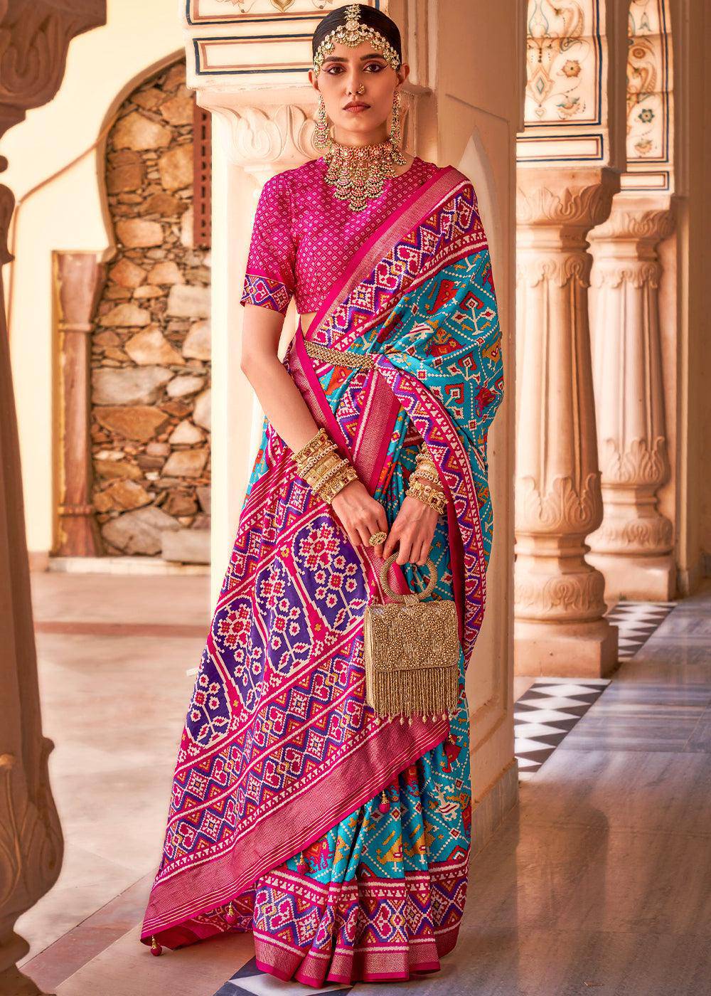 Cerulean Blue Printed Patola Silk Saree | Stitched Blouse - qivii