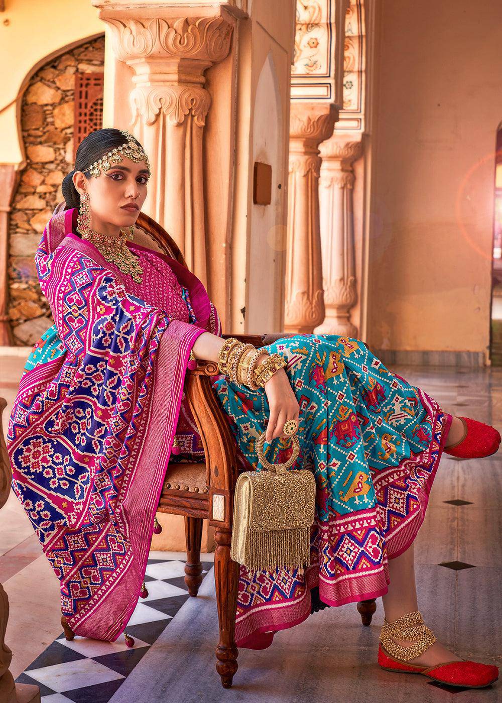 Cerulean Blue Printed Patola Silk Saree | Stitched Blouse - qivii