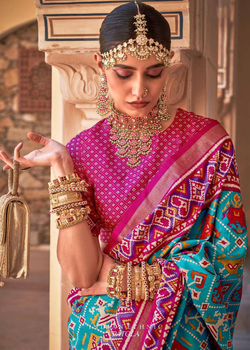 Cerulean Blue Printed Patola Silk Saree | Stitched Blouse - qivii