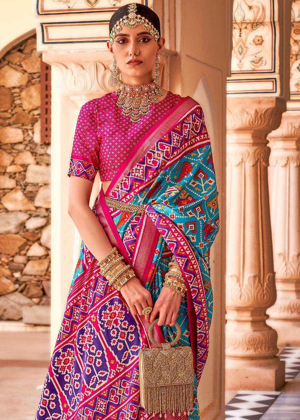 Cerulean Blue Printed Patola Silk Saree | Stitched Blouse - qivii