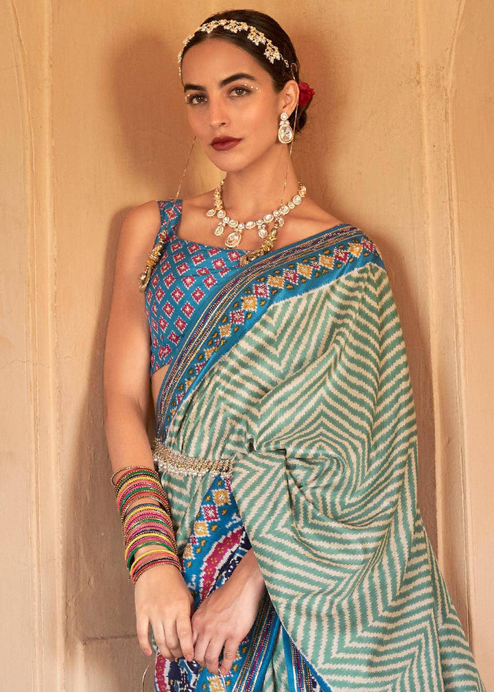 Cerulean Blue Printed Patola Silk Saree with Zari Border & Tassels on Pallu | Stitched Blouse - qivii