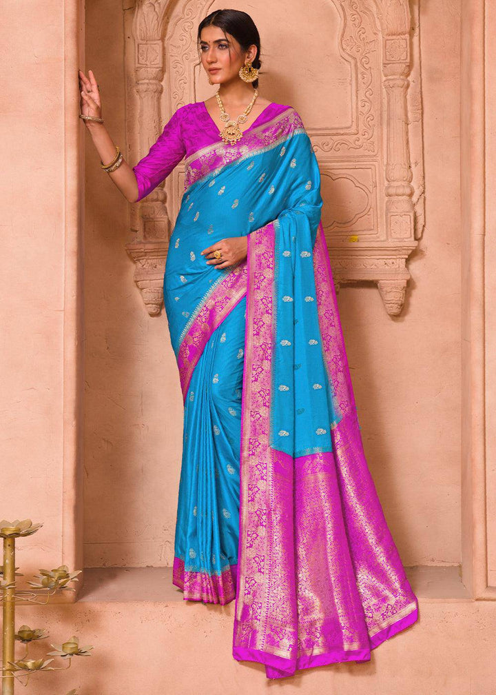 Cerulean Blue Satin Silk Saree with Overall Butti work | Stitched Blouse - qivii