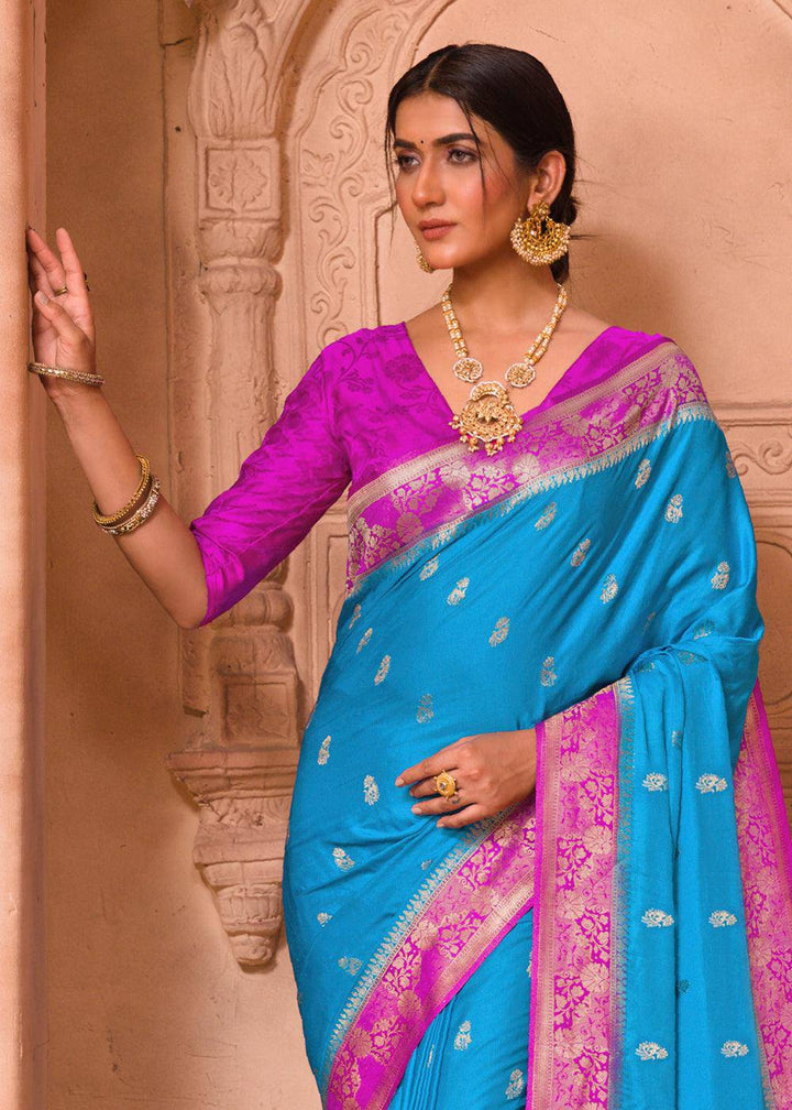 Cerulean Blue Satin Silk Saree with Overall Butti work | Stitched Blouse - qivii