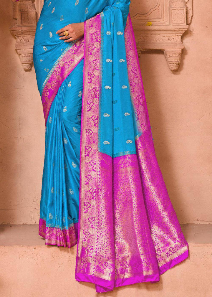 Cerulean Blue Satin Silk Saree with Overall Butti work | Stitched Blouse - qivii