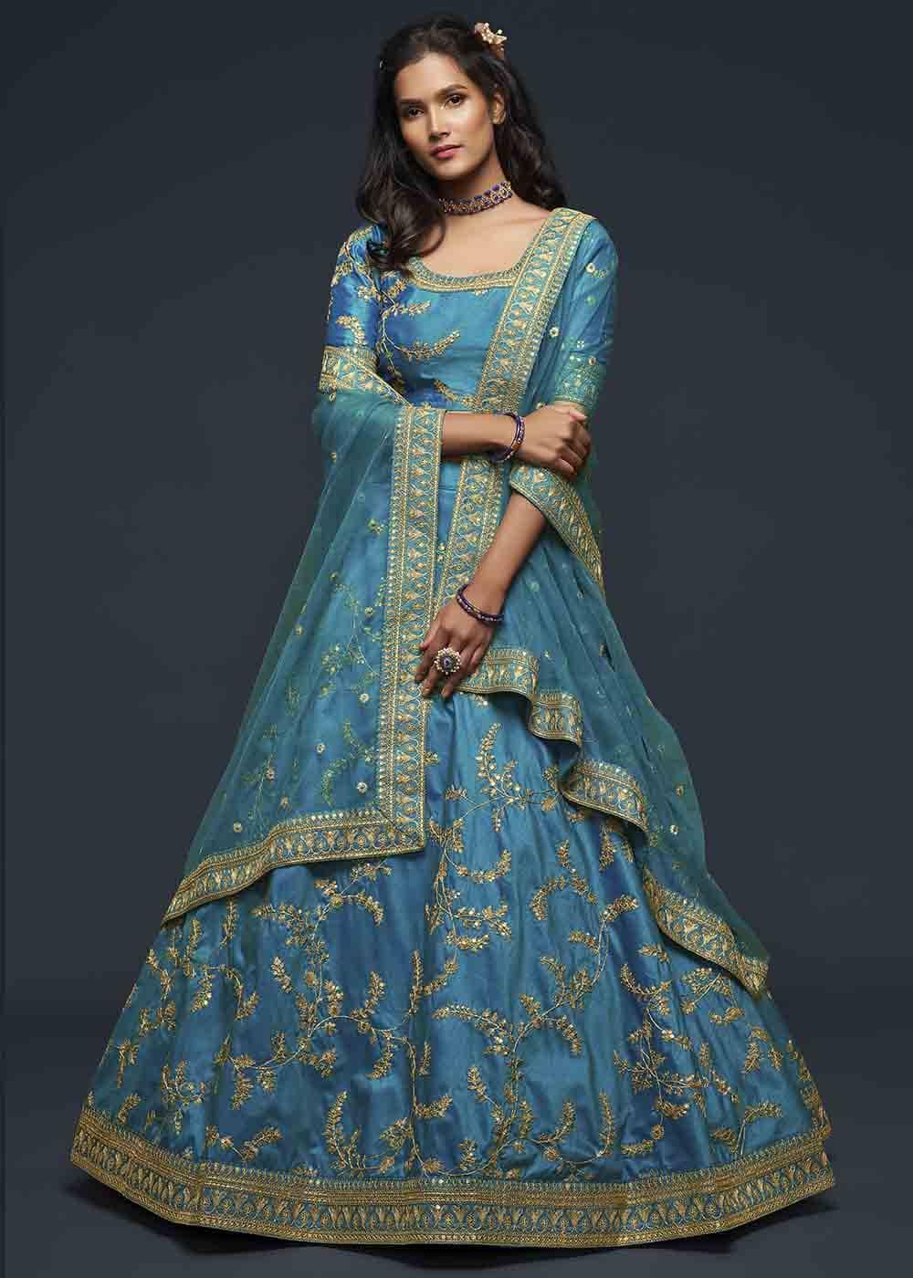 Cerulean Blue Silk Lehenga Choli with Thread,Zari,Dori & Sequins work - qivii