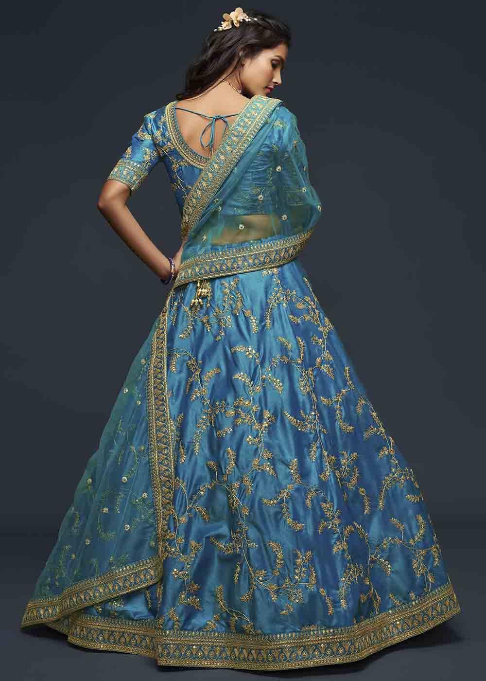 Cerulean Blue Silk Lehenga Choli with Thread,Zari,Dori & Sequins work - qivii