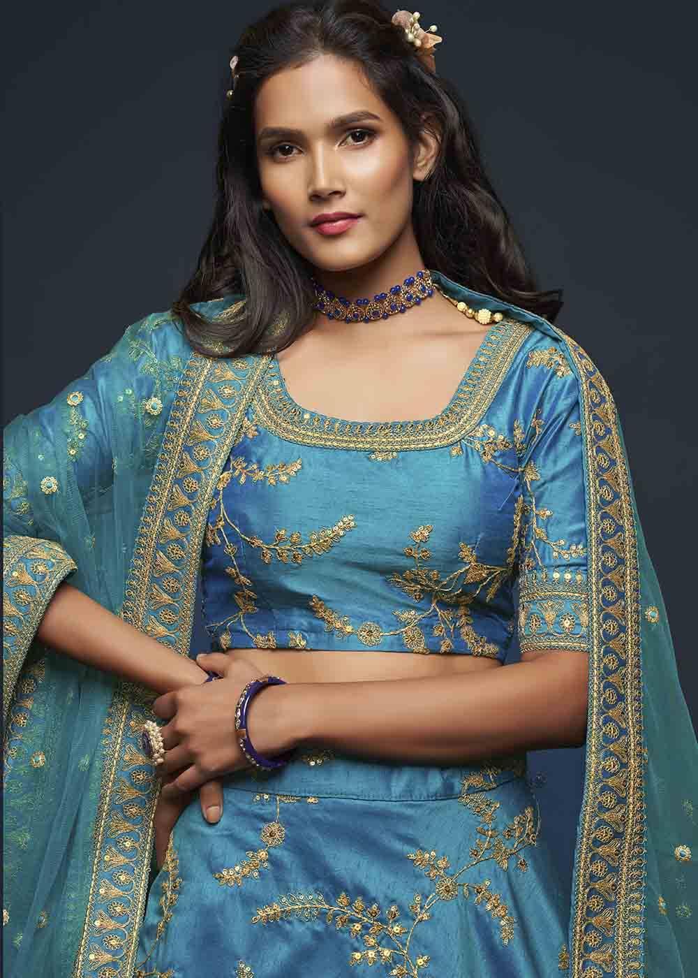 Cerulean Blue Silk Lehenga Choli with Thread,Zari,Dori & Sequins work - qivii