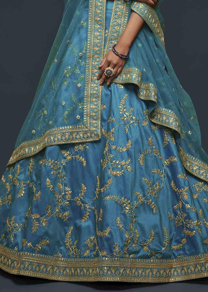 Cerulean Blue Silk Lehenga Choli with Thread,Zari,Dori & Sequins work - qivii