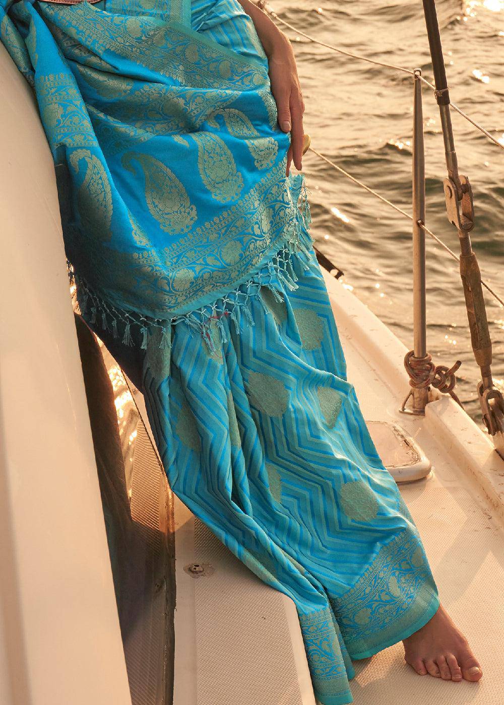 Cerulean Blue Two Tone Designer Satin Silk Saree | Stitched Blouse - qivii