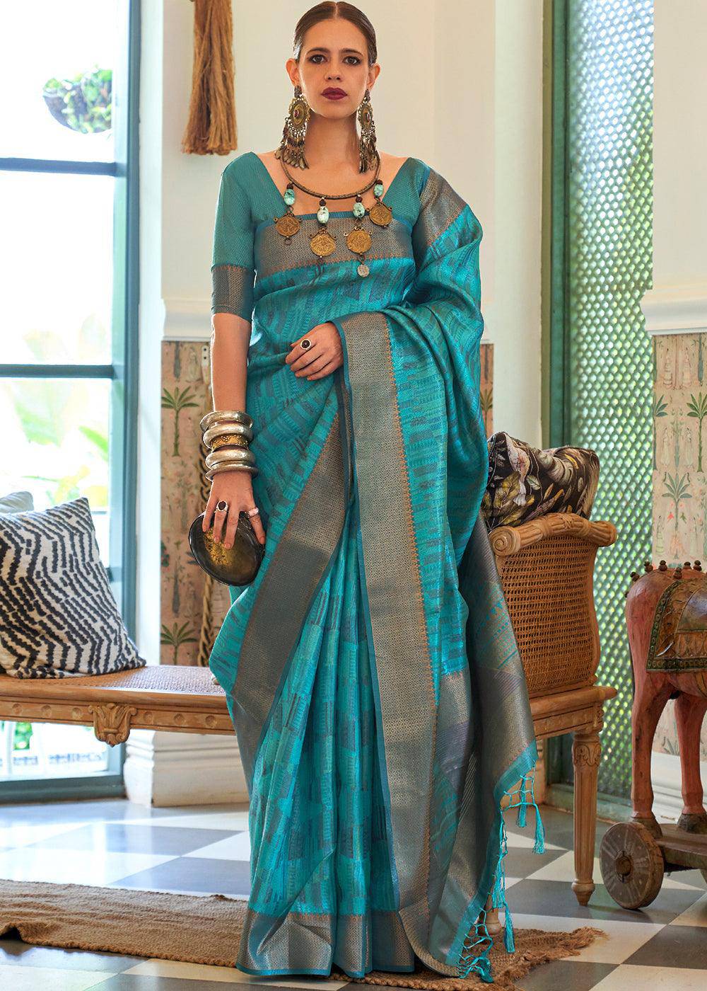 Cerulean Blue Two Tone Handloom Weaving Organza Silk Saree : Top Pick | Stitched Blouse - qivii