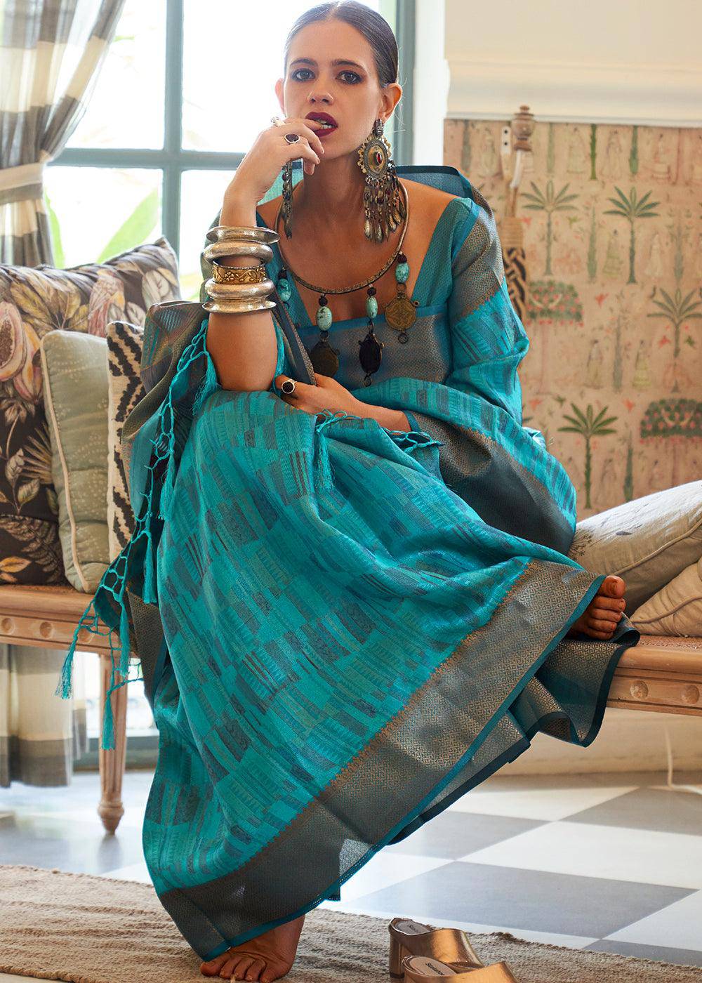 Cerulean Blue Two Tone Handloom Weaving Organza Silk Saree : Top Pick | Stitched Blouse - qivii