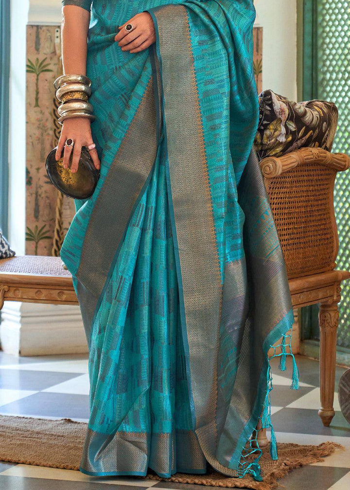 Cerulean Blue Two Tone Handloom Weaving Organza Silk Saree : Top Pick | Stitched Blouse - qivii