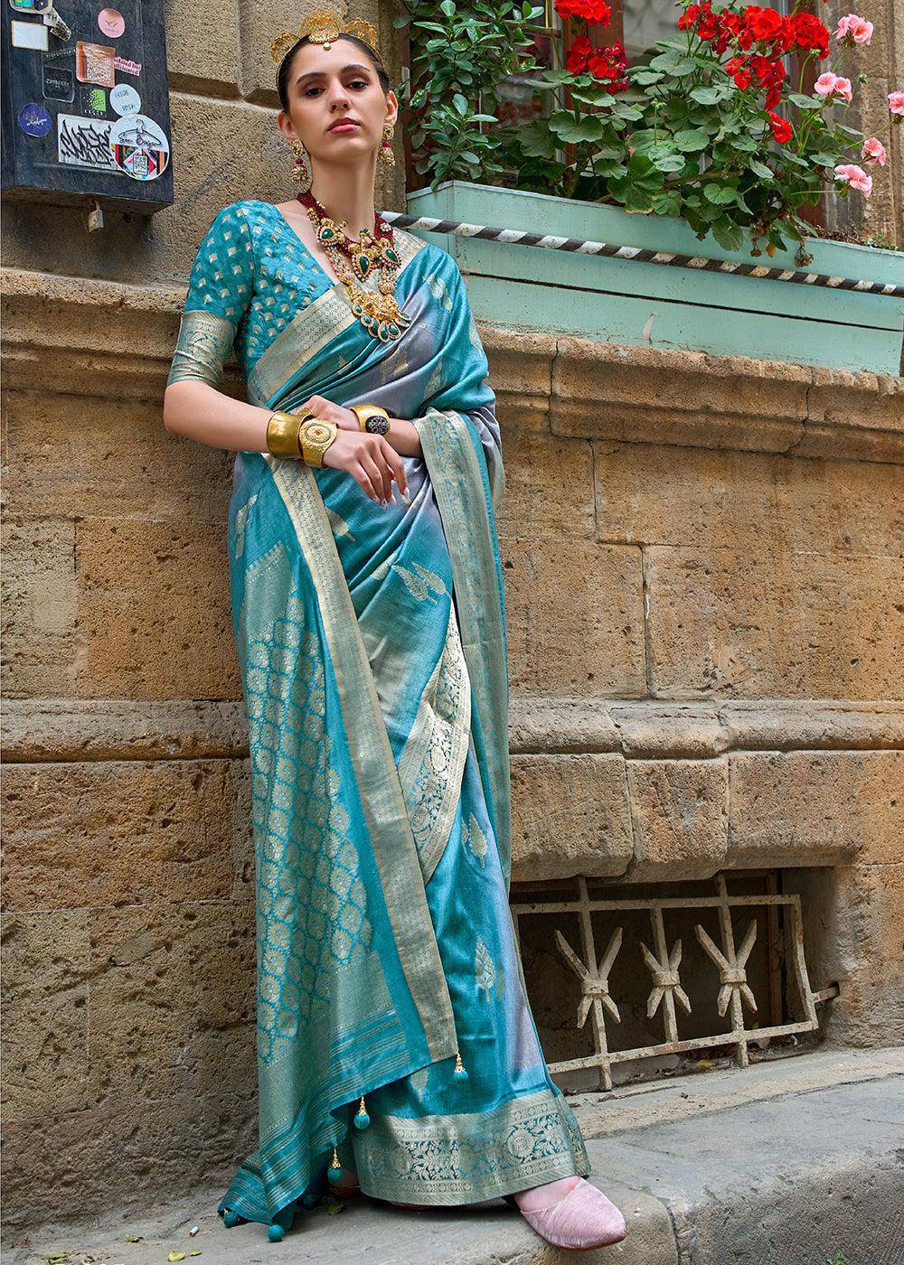 Cerulean Blue Viscose Silk Saree with Aqua Finish work | Stitched Blouse - qivii