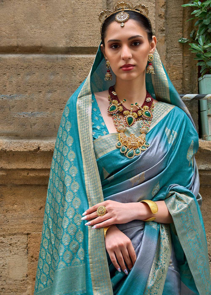 Cerulean Blue Viscose Silk Saree with Aqua Finish work | Stitched Blouse - qivii