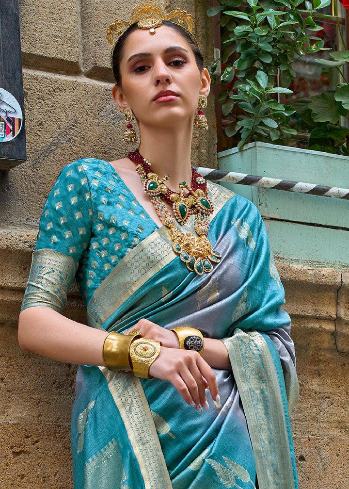 Cerulean Blue Viscose Silk Saree with Aqua Finish work | Stitched Blouse - qivii