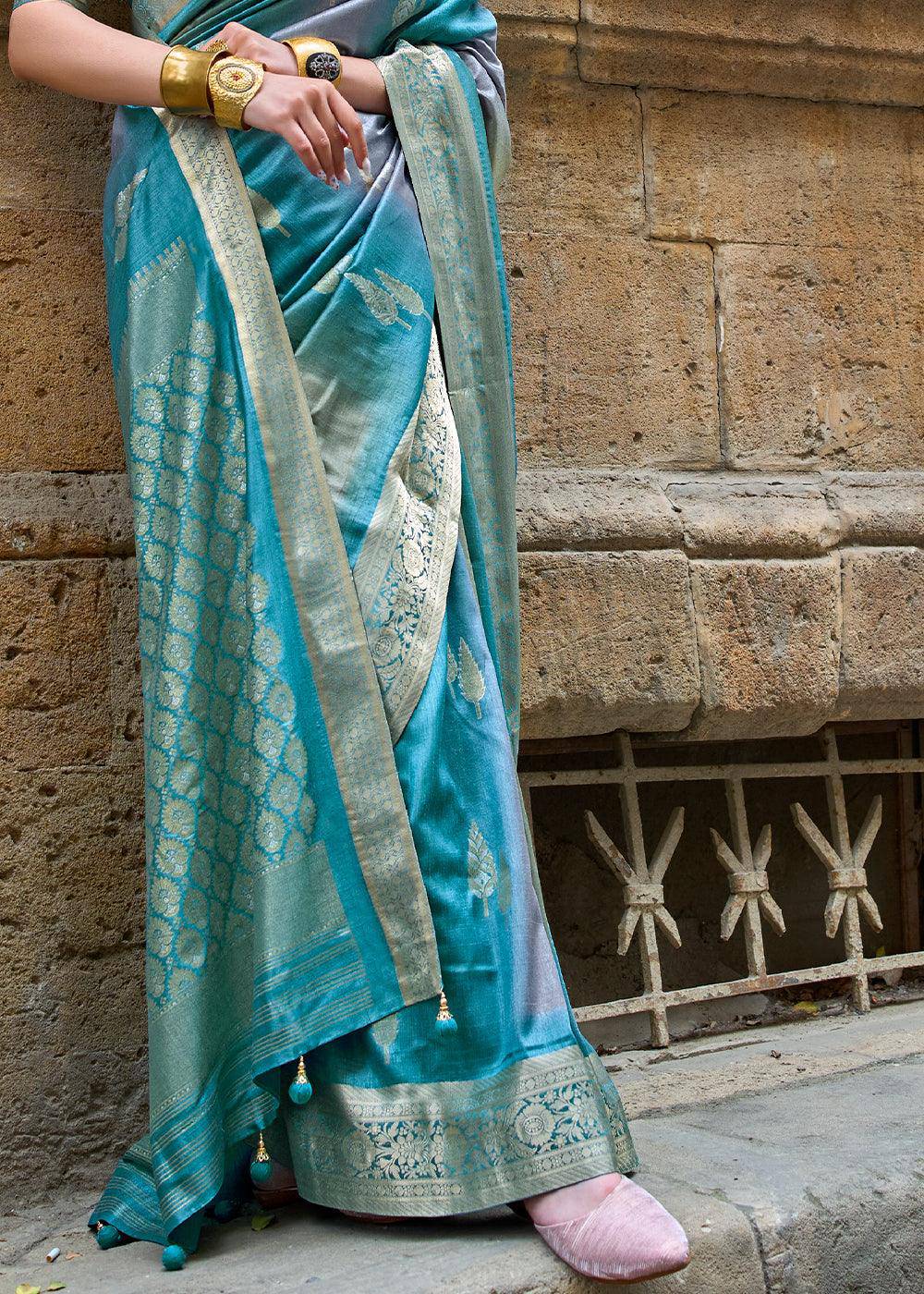 Cerulean Blue Viscose Silk Saree with Aqua Finish work | Stitched Blouse - qivii