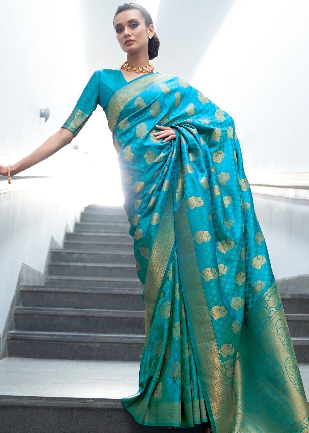 Cerulean Blue Woven Banarasi Silk Saree with overall Butti | Stitched Blouse - qivii