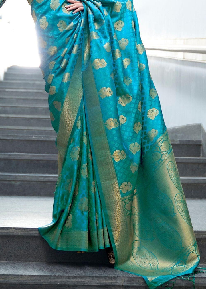 Cerulean Blue Woven Banarasi Silk Saree with overall Butti | Stitched Blouse - qivii