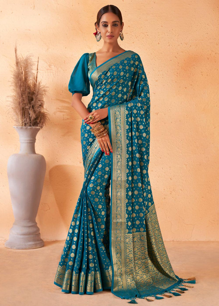 Cerulean Blue Woven Georgette Saree - qivii