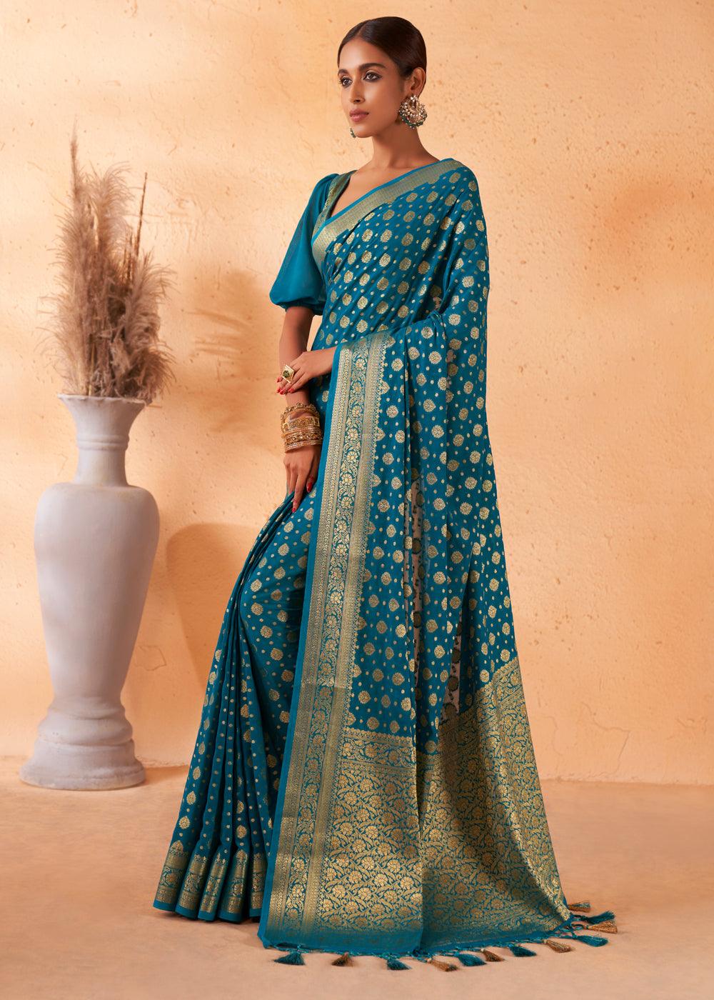 Cerulean Blue Woven Georgette Saree - qivii