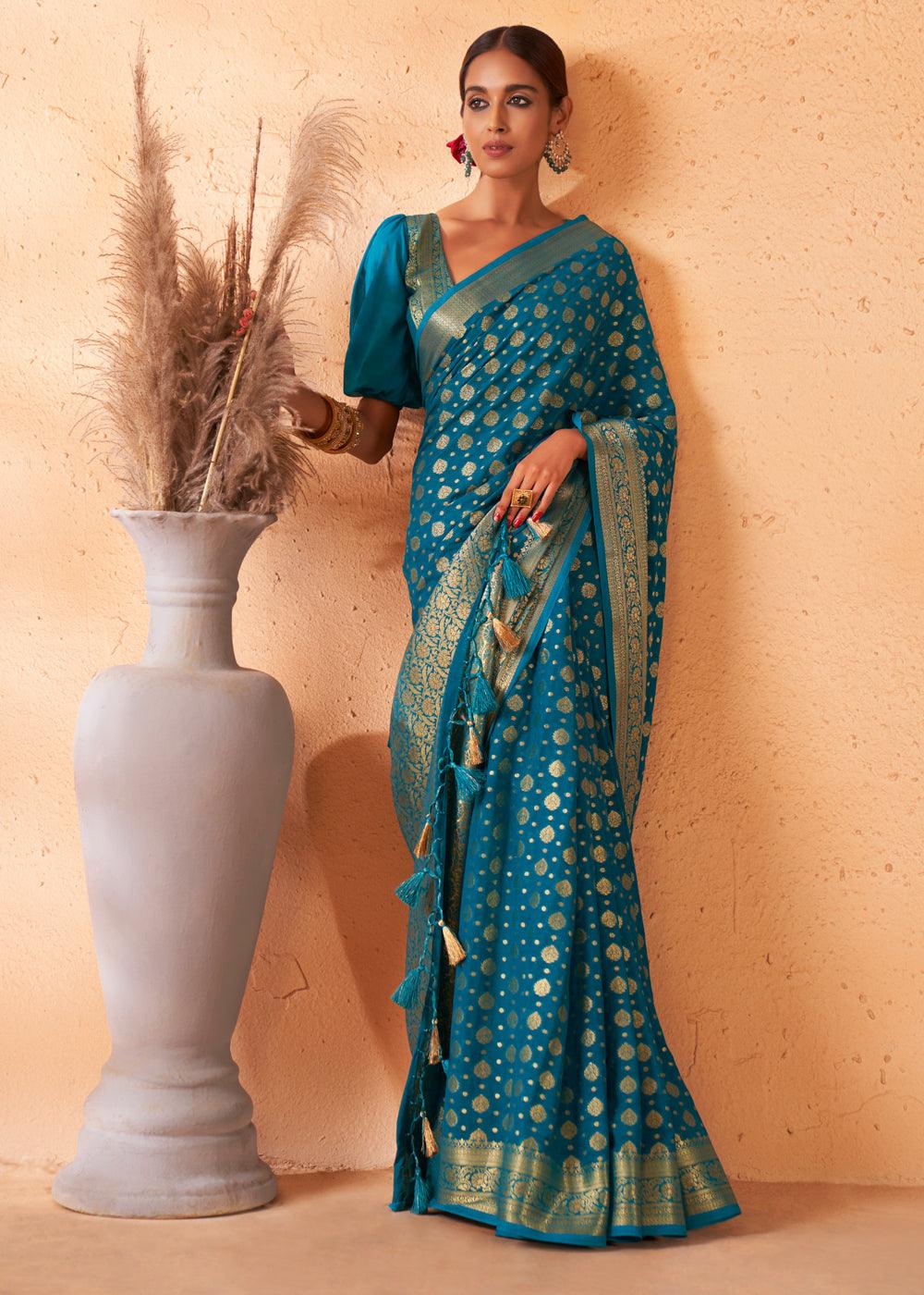 Cerulean Blue Woven Georgette Saree - qivii