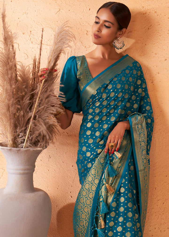 Cerulean Blue Woven Georgette Saree - qivii