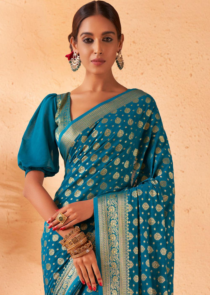 Cerulean Blue Woven Georgette Saree - qivii