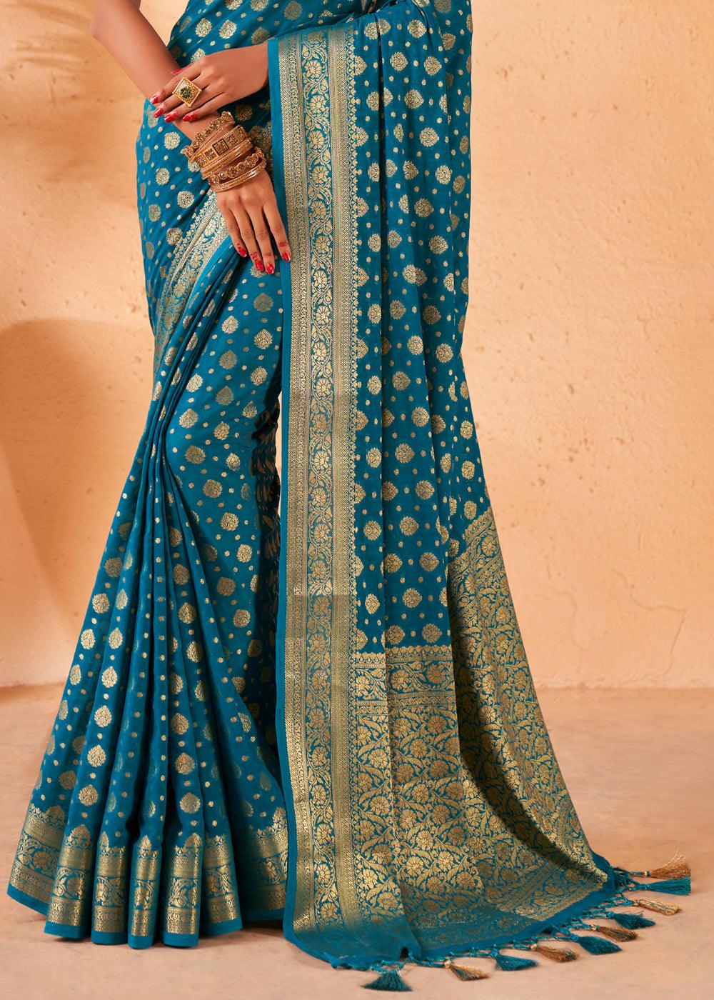 Cerulean Blue Woven Georgette Saree - qivii