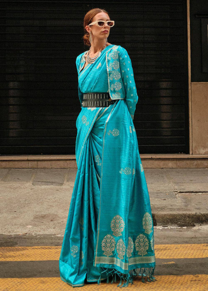 Cerulean Blue Zari Handloom Woven Satin Silk Saree | Stitched Blouse - qivii