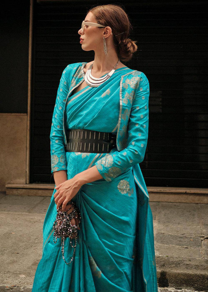 Cerulean Blue Zari Handloom Woven Satin Silk Saree | Stitched Blouse - qivii