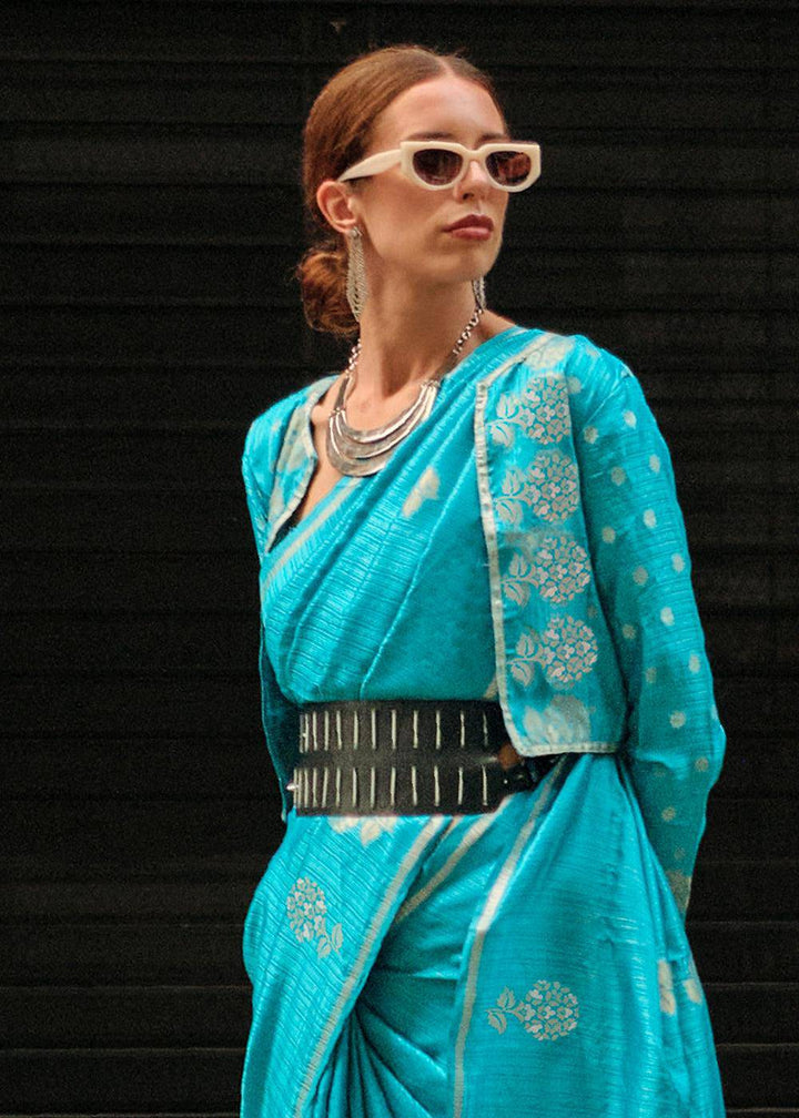 Cerulean Blue Zari Handloom Woven Satin Silk Saree | Stitched Blouse - qivii