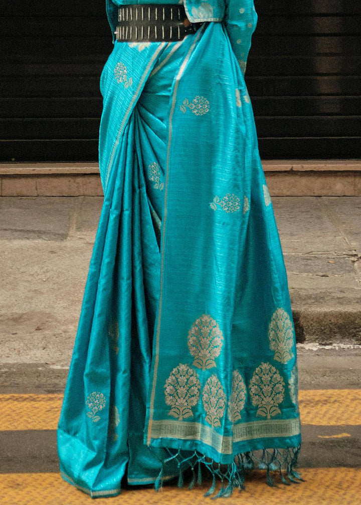 Cerulean Blue Zari Handloom Woven Satin Silk Saree | Stitched Blouse - qivii