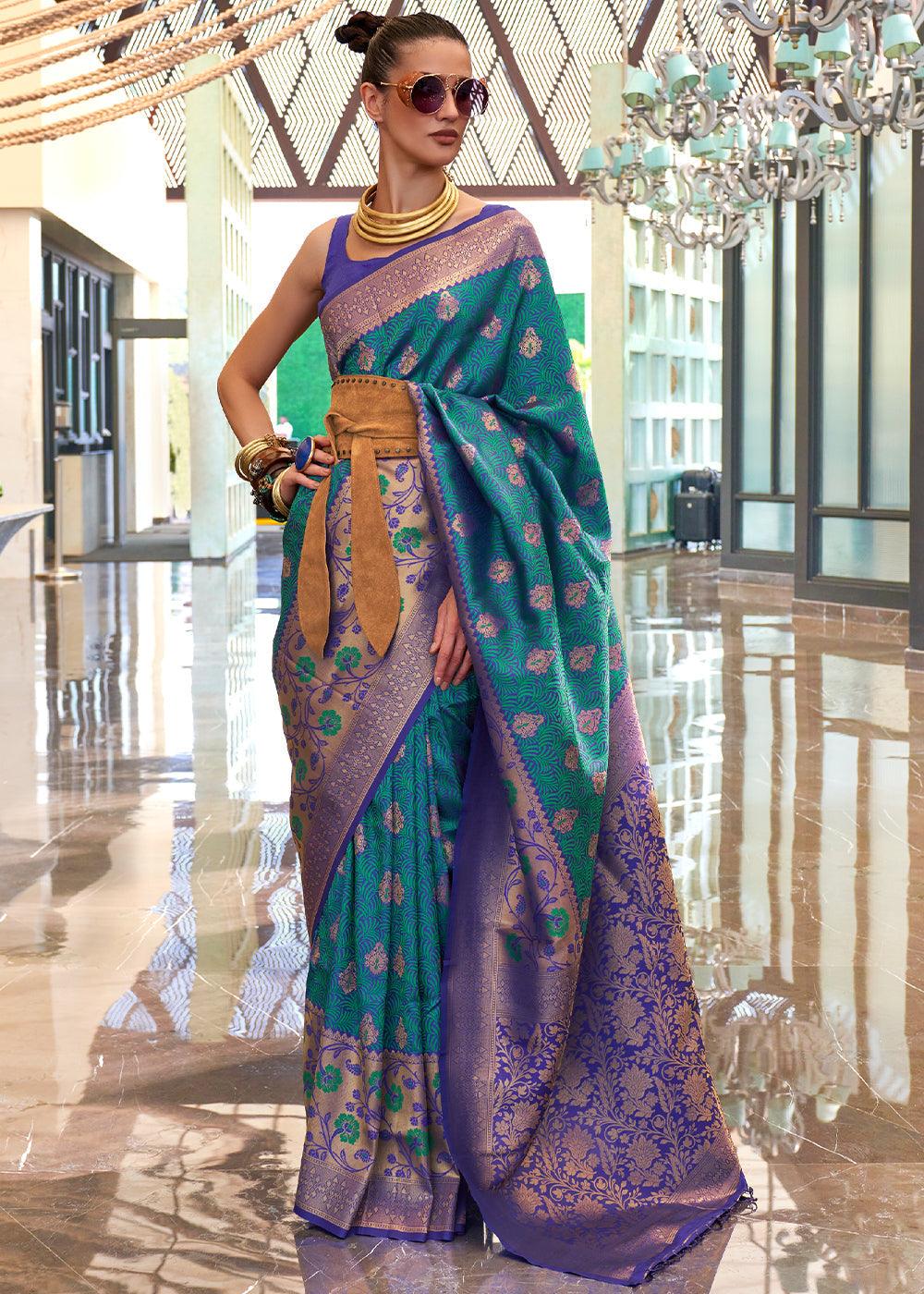 Cerulean Blue Zari Woven Banarasi Silk Saree - qivii