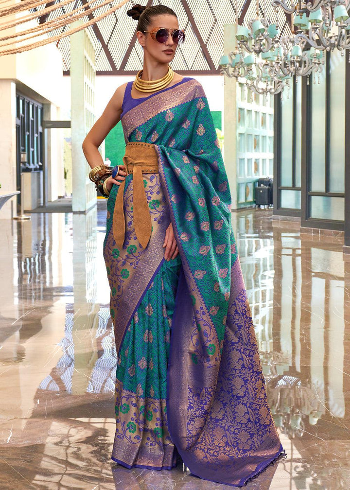 Cerulean Blue Zari Woven Banarasi Silk Saree - qivii