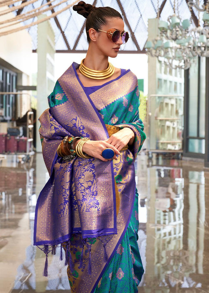 Cerulean Blue Zari Woven Banarasi Silk Saree - qivii