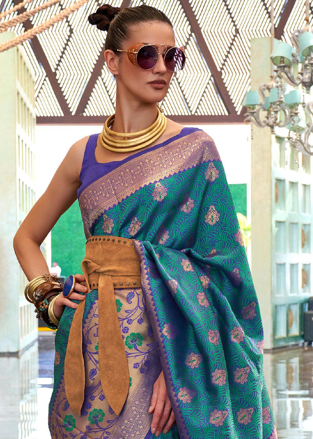 Cerulean Blue Zari Woven Banarasi Silk Saree - qivii