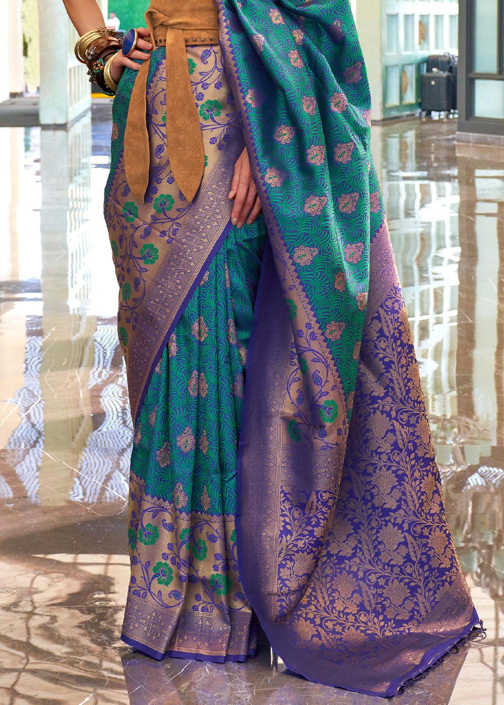 Cerulean Blue Zari Woven Banarasi Silk Saree - qivii