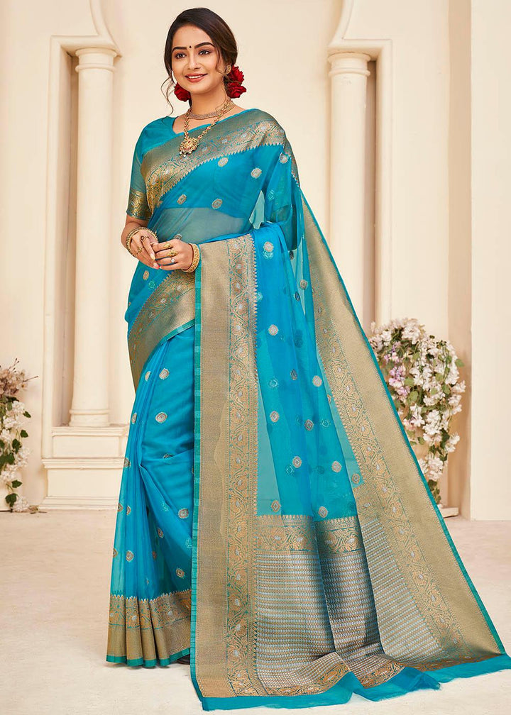 Cerulean Blue Zari Woven Organza Silk Saree | Stitched Blouse - qivii